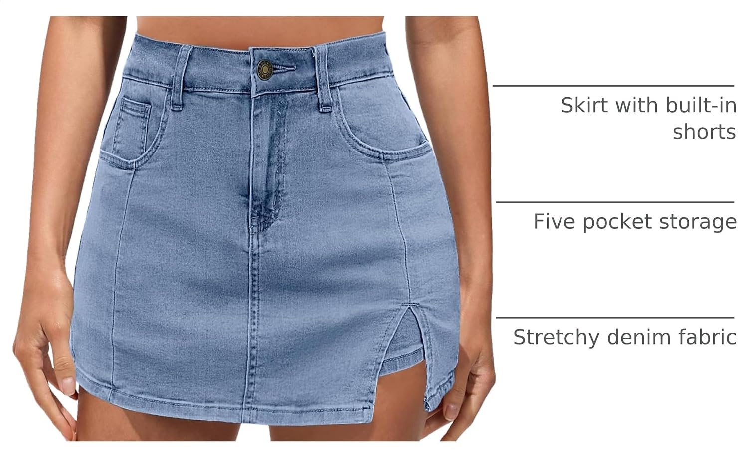 Detalle de Vetinee Women's High-Waisted Denim Skorts: Slit, 5-Pocket Comfort