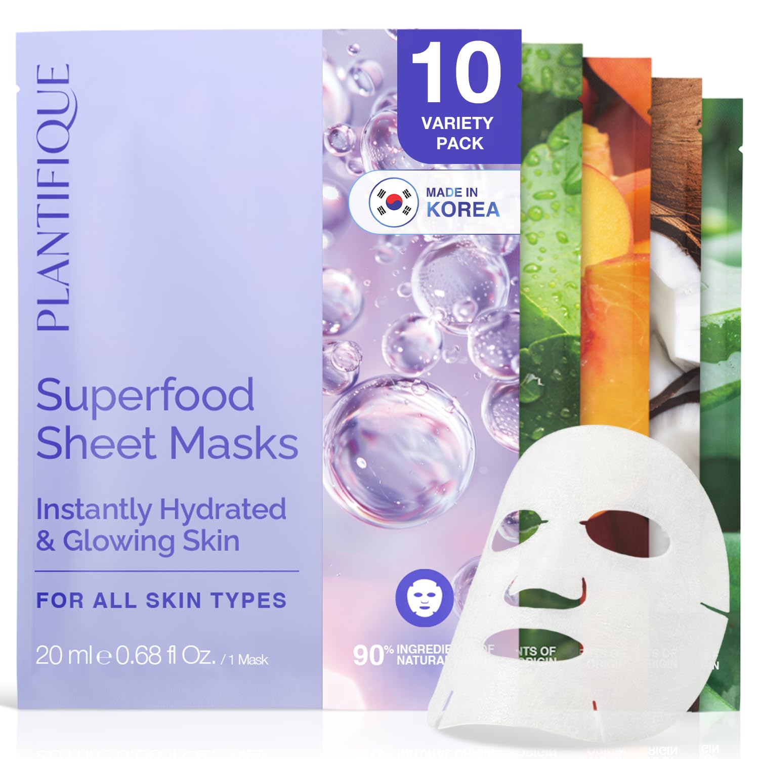 Detalle de PLANTIFIQUE Koreanische Gesichtsmaske 10-Pack – Feuchtigkeit, Kraft der Superfoods & Hyaluronsäure