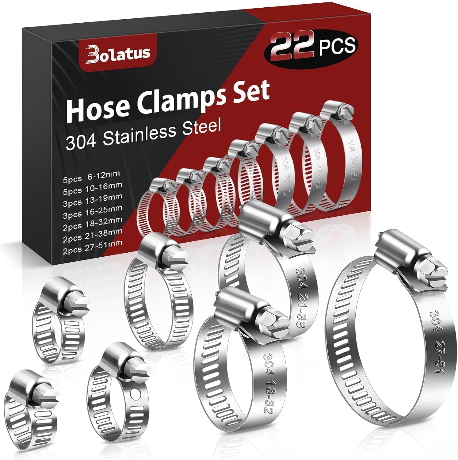 Detalle de Bolatus Hose Clips Set (6–51 mm, 22 pcs) – 304 Stainless Steel Adjustable Screw Hose Clamp Assortment