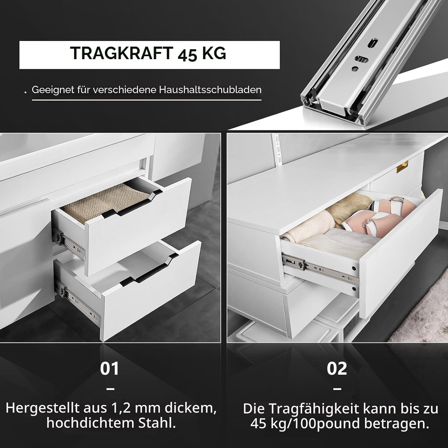Thumbnail 3 de AOLISHENG Schubladenschienen Vollauszug 550 mm – 45 kg Tragkraft, Weiß, 1 Paar (2er Set)