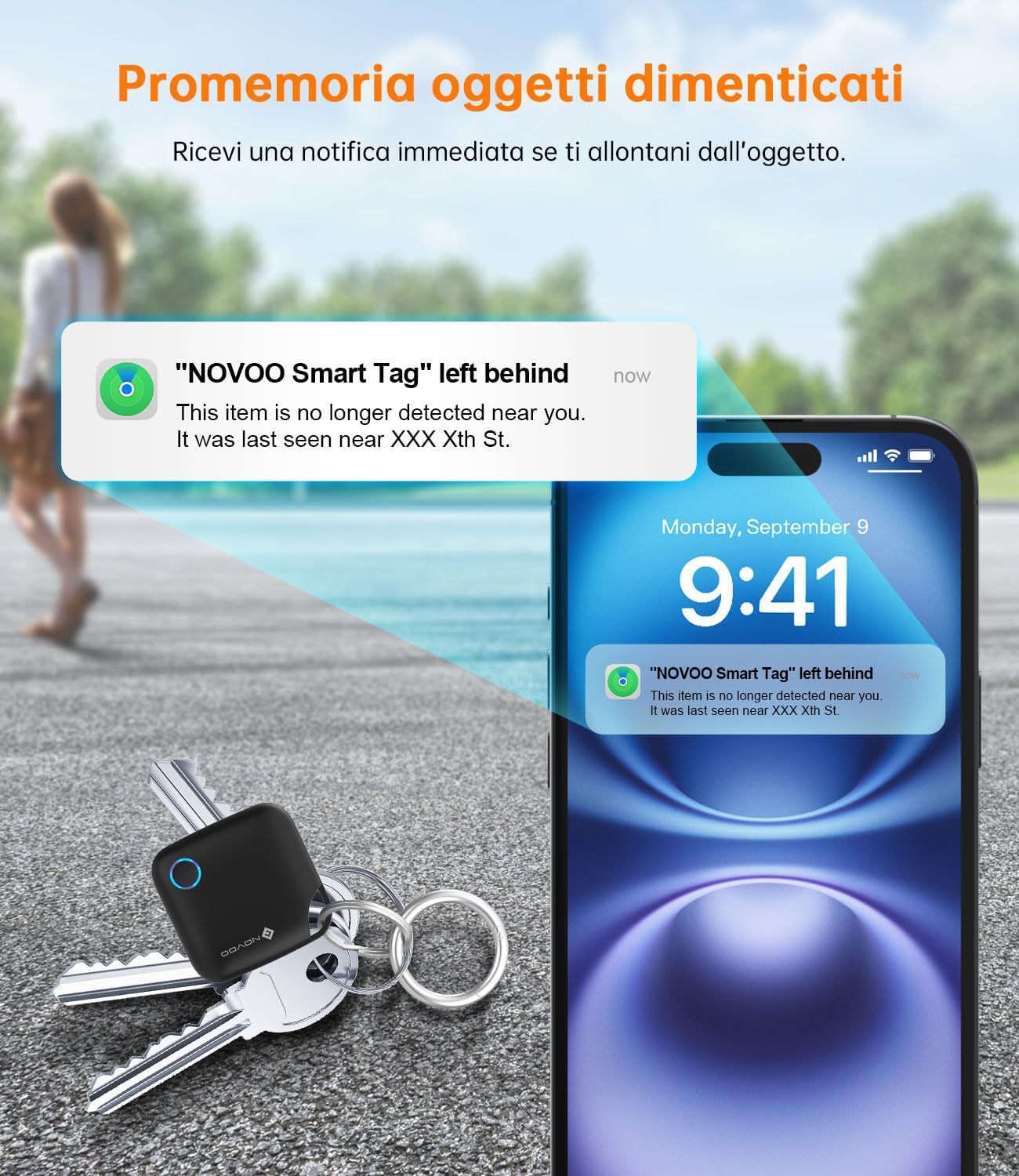 Detalle de NOVOO Smart Tag con Apple Find My (Solo iOS) – 4 pezzi, allarme 80 dB, batteria sostituibile CR2032