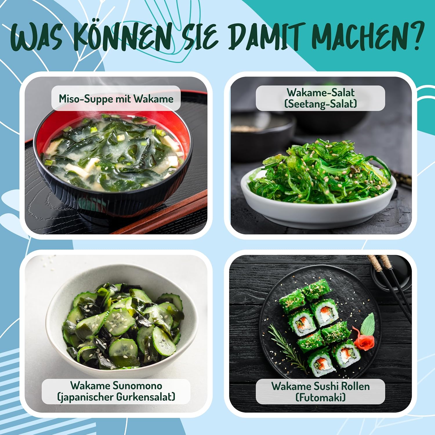 Detalle 2 de Wakame Algen Bio – 40 g Sonnengetrocknetes Seetangblatt für Dashi und Miso-Suppe