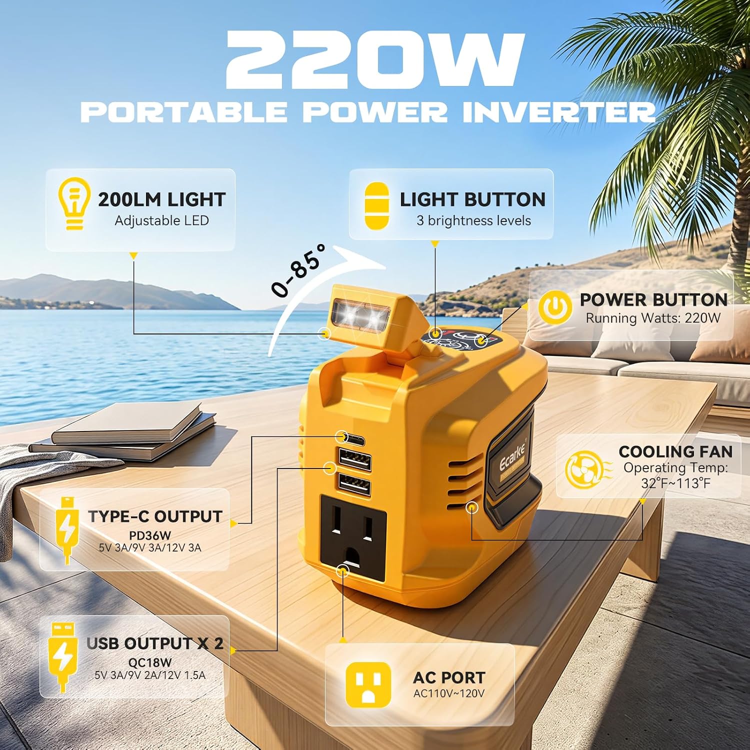 Detalle de Ecarke 220W Portable Power Inverter for Dewalt 20V Battery — Compact Outdoor Power Station