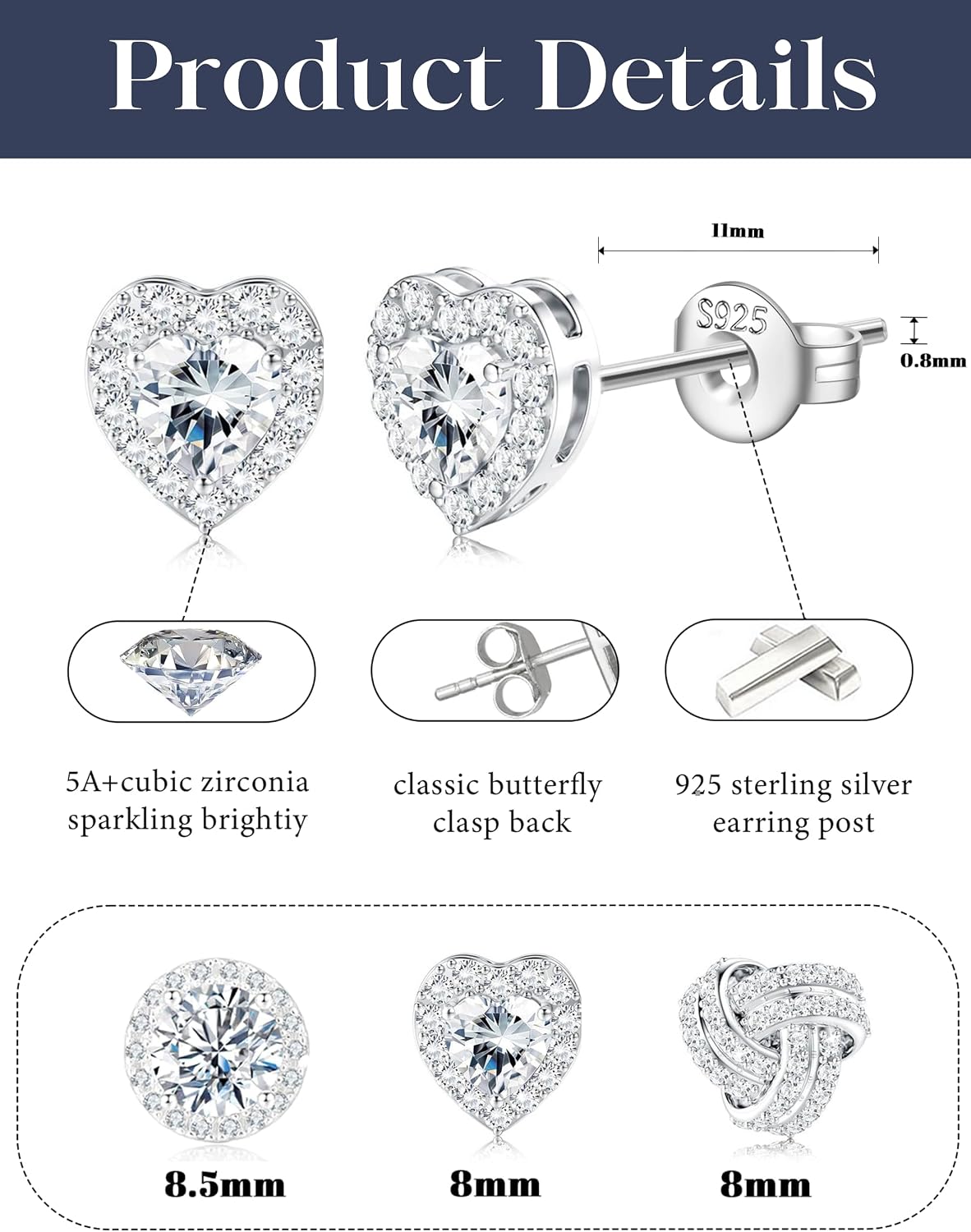 Detalle 2 de Geveay 925 Sterling Silver Heart & Knot Stud Earrings – 3 Pairs