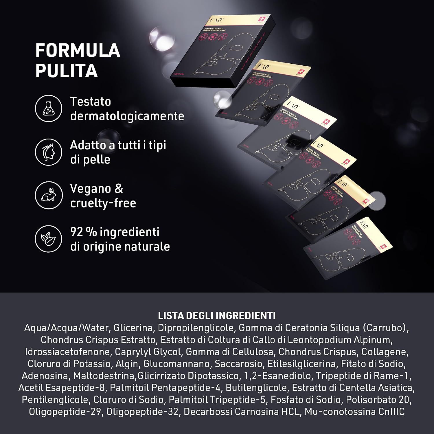 Detalle de FAQ Glass Skin Collagen Mask – Maschera viso con collagene, acido ialuronico puro e idrogel illuminante (5 pezzi)