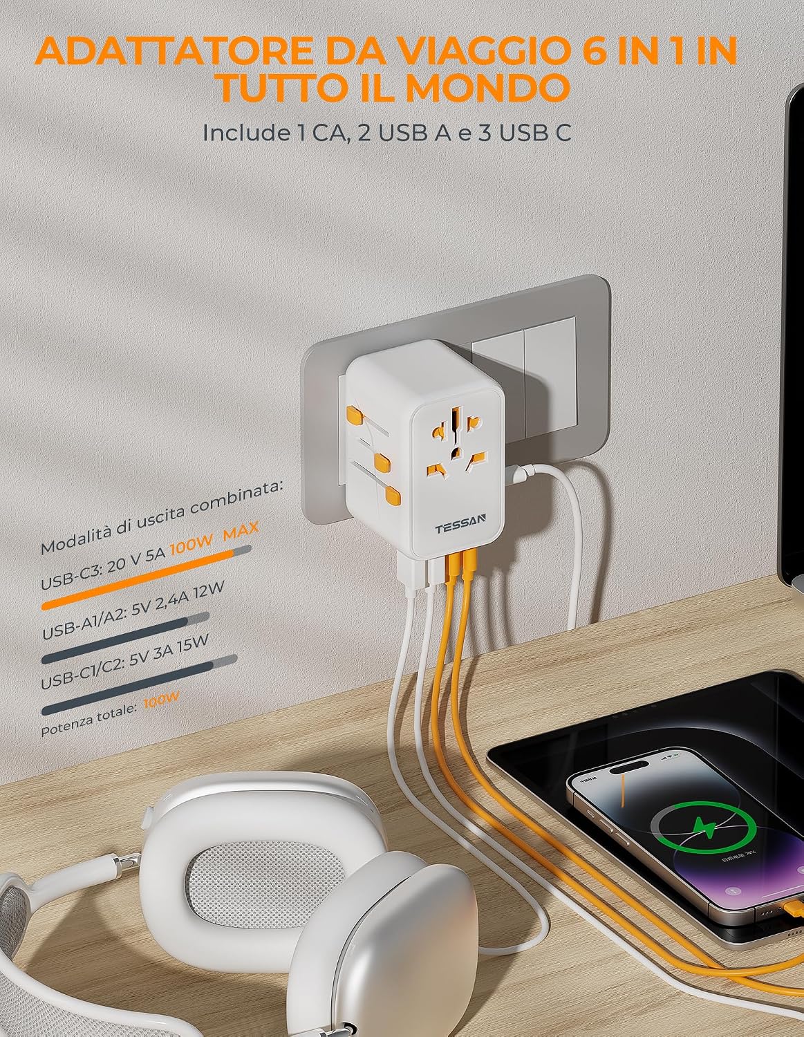 Detalle de TESSAN Adattatore Universale da Viaggio 100W