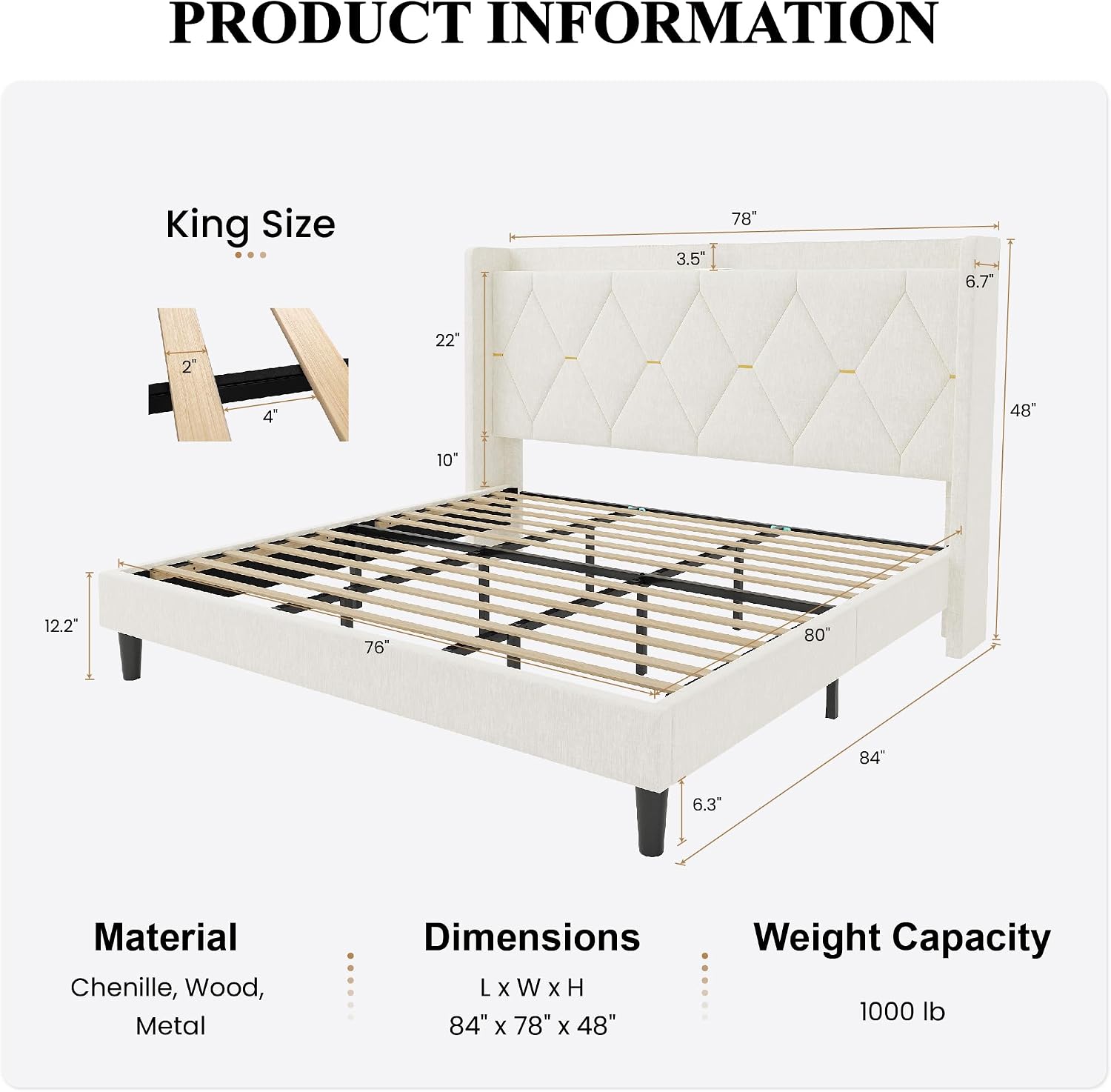 Detalle de SHA CERLIN Upholstered Bed Frame, King Size