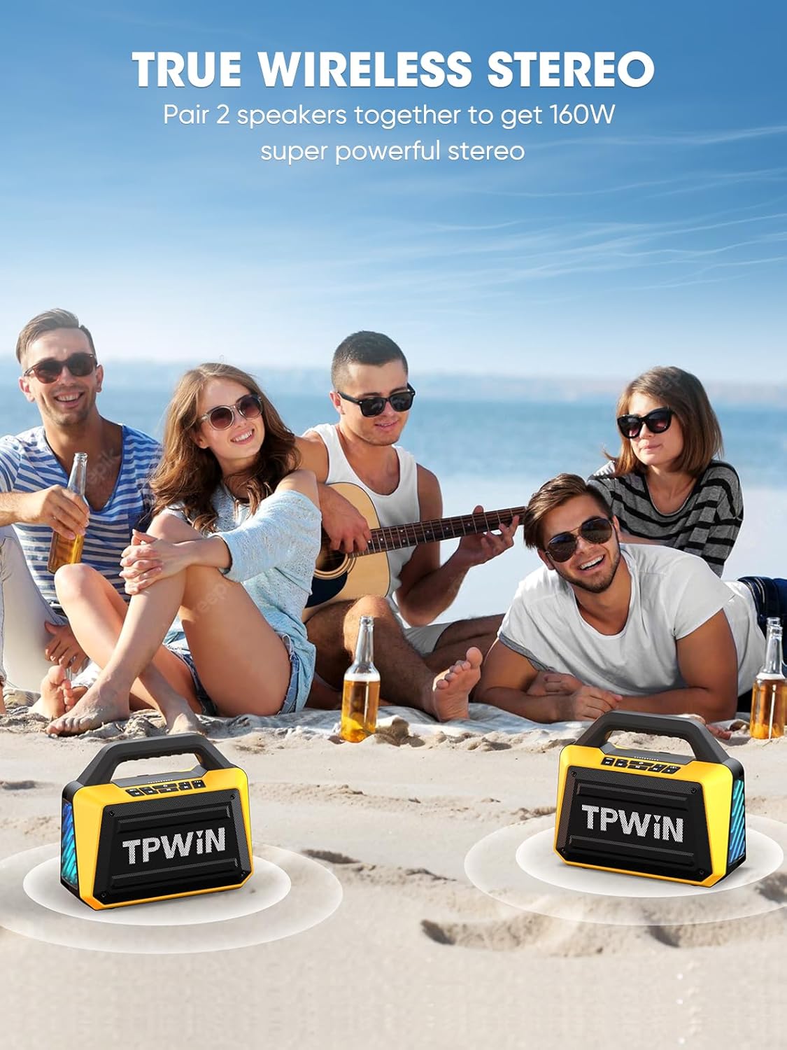 Thumbnail 3 de TPWIN Portable Bluetooth Speakers (80W Peak) with BT 5.3, IPX6, TWS & Light Shows - Yellow