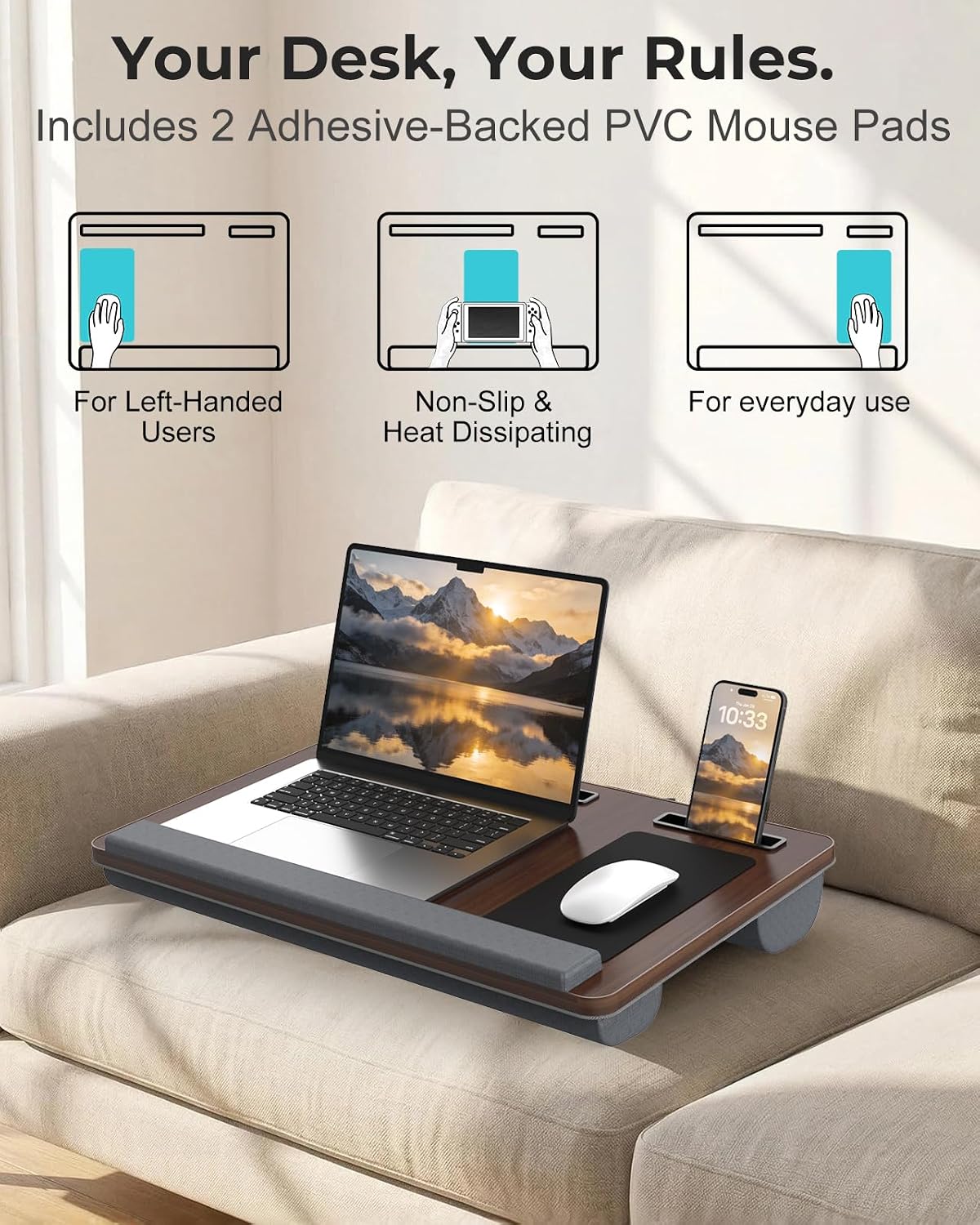 Detalle 2 de Potuopy F9L Laptop Lap Desk, Cushioned Base, Mouse Pads and Phone Slots