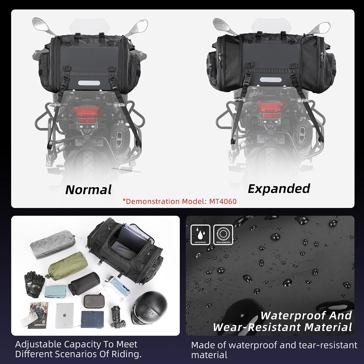 Detalle 2 de Rhinowalk Expandable Motorcycle Tail Bag 45L 🏍