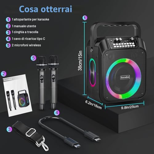 Thumbnail 7 de Macchina Karaoke socodox: Sistema PA portatile con 2 microfoni wireless, Bluetooth 5.3 e luce RGB