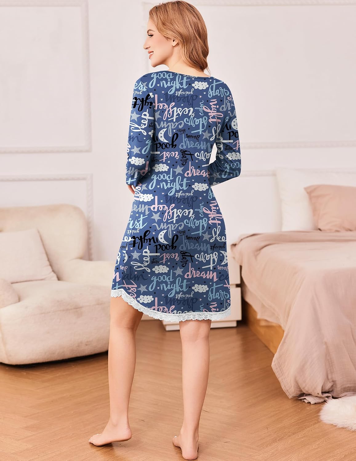 Thumbnail 5 de Ekouaer Women's Long-Sleeve V-Neck Nightgown with Lace and Pocket