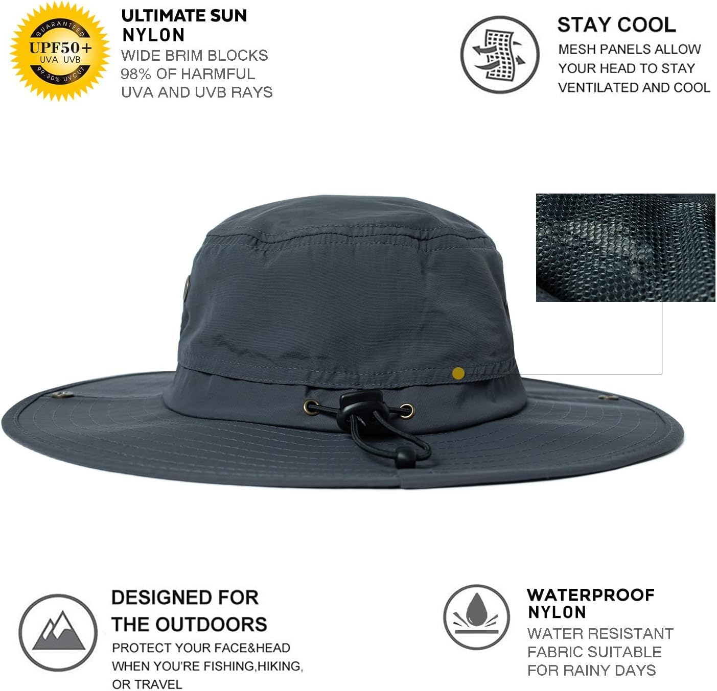 Detalle 2 de Oversize XL/XXL Waterproof Bucket Sun Hat with UPF 50+ and Detachable Chin Strap