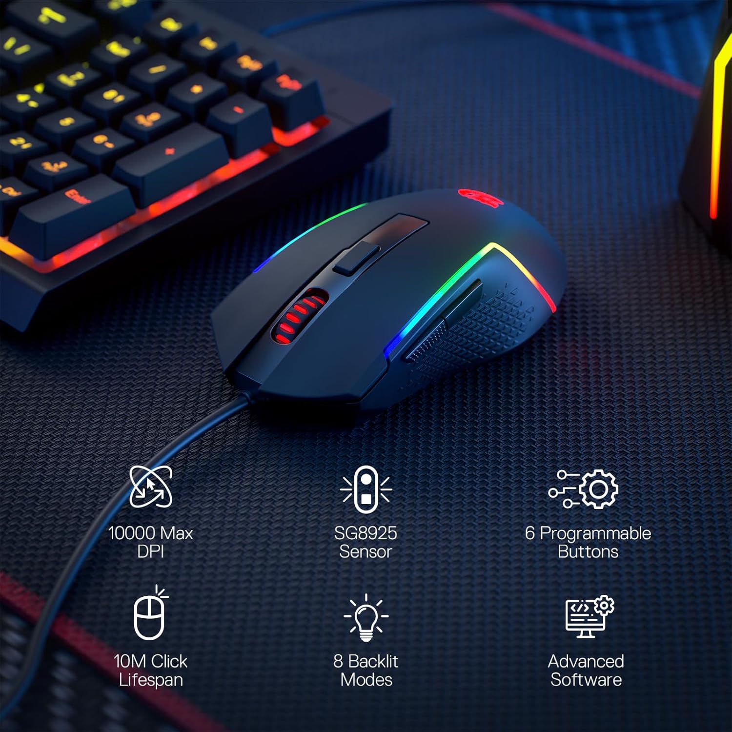 Detalle de Redragon M616 RGB Gaming Mouse: 10000 DPI wired performer with six programmable buttons