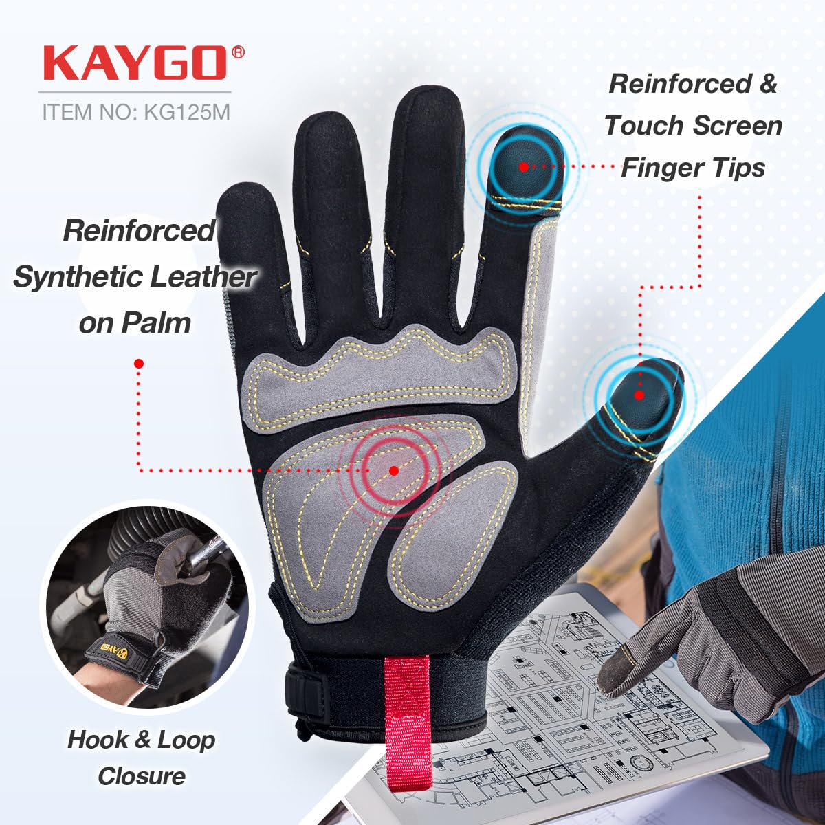Thumbnail 1 de KAYGO Mechanische Arbeitshandschuhe für Herren (3 Paar) – robuste Handschuhe mit Touchscreen & Kunstlederverstärkung, Schwarz, L, Gr 9