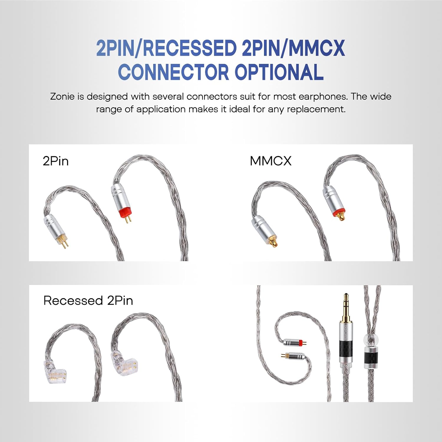 Detalle 2 de Tripowin Zonie IEM câble SPC argenté 16 brins (1,25 m) pour écouteurs avec 2 broches 0,78 mm ou 4,4 mm