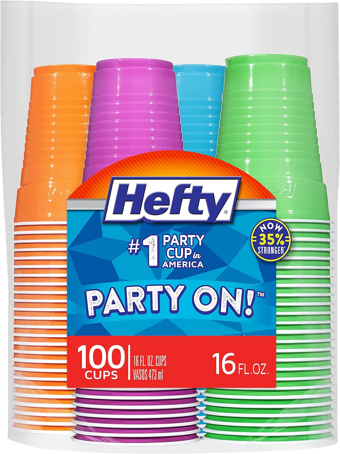 Detalle de Hefty Party On Disposable Plastic Cups, 16 oz, 100 Count – Assorted Colors