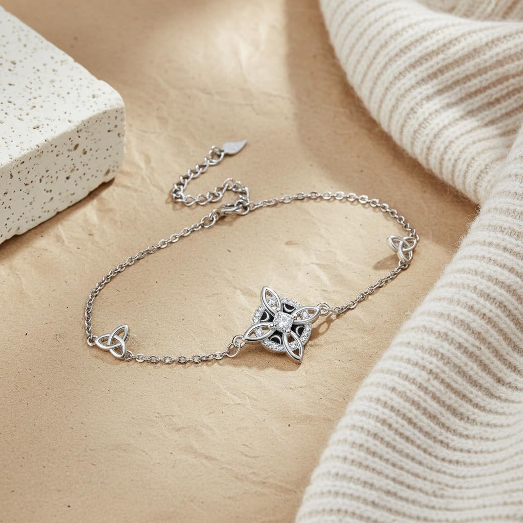 Detalle de Micory Femme Bracelet en Argent Sterling 925 Ajustable – Croix Celtique et Nœud, Cadeau Élégant