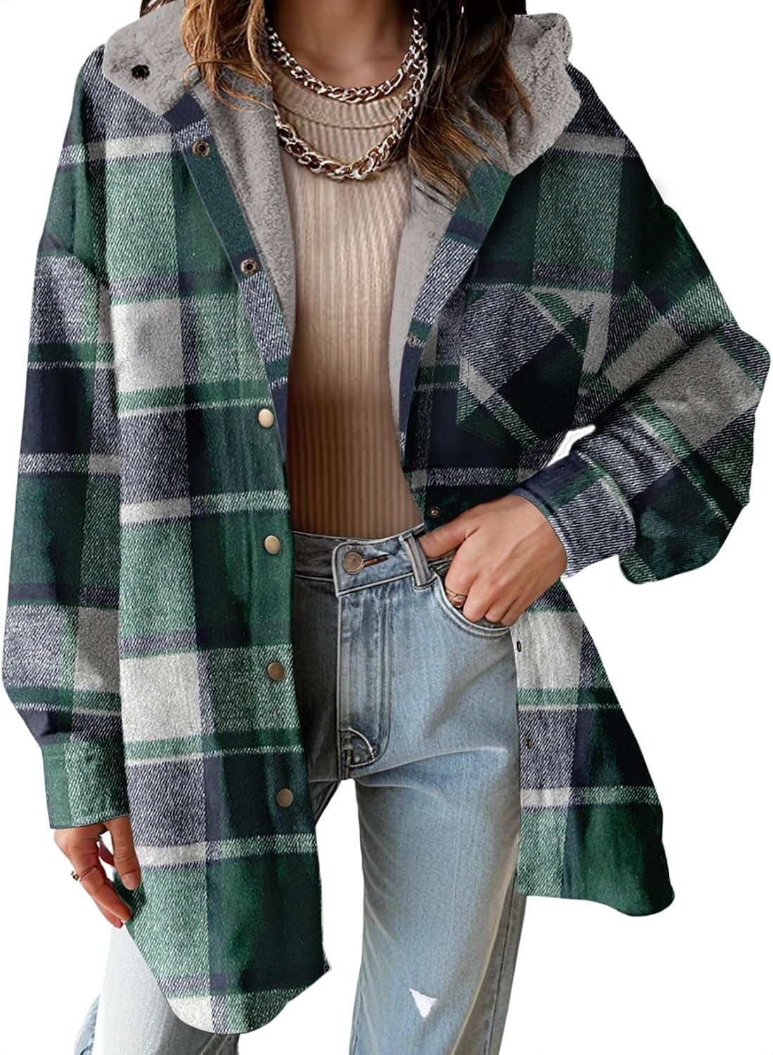 Detalle de Dokotoo 2025 Flannel Hooded Plaid Shacket — Fleece Jacket