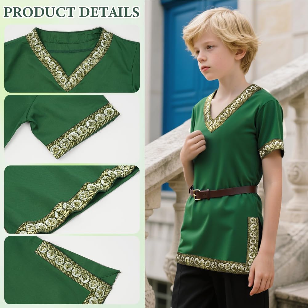 Detalle de AYBUY Renaissance Warrior Ritter Tops für Jungen – Dunkelgrüne Tunika mit Braunem Gürtel (120 cm)
