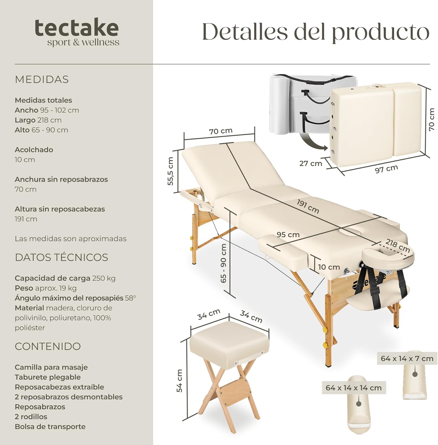Thumbnail 6 de tectake Camilla Masaje Plegable de Madera 218 cm