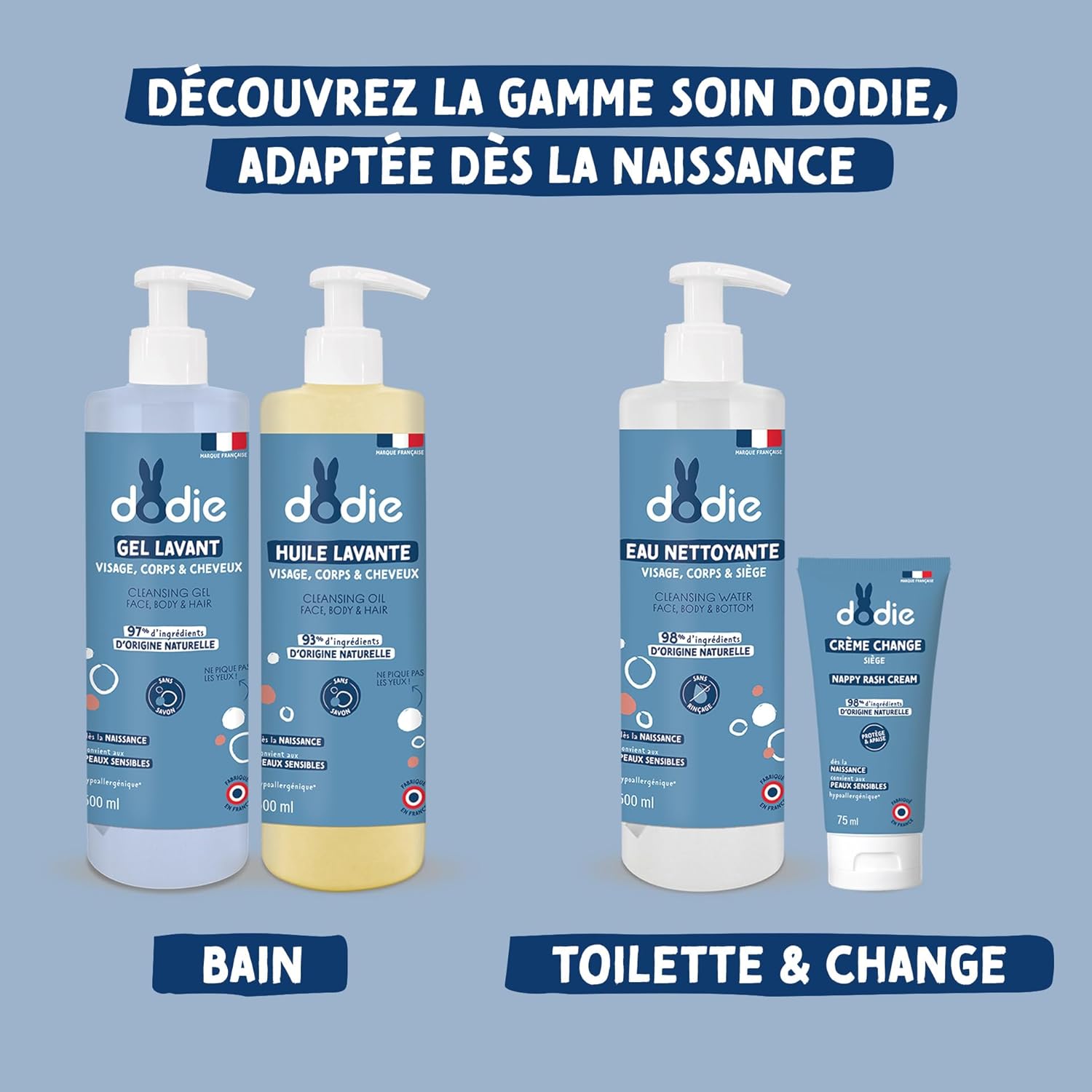 Detalle de DODIE Lot de 3 Gels Lavants 3 en 1 (3 x 500 mL) – Nettoyant Visage, Corps et Cheveux