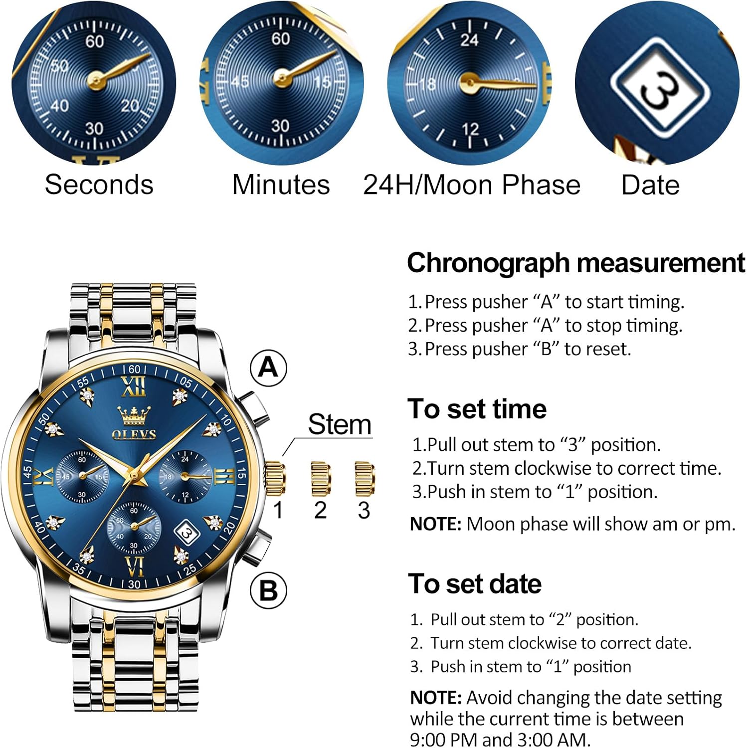 Detalle de OLEVS Men’s Chronograph Watch (Gold & Silver Stainless Steel) – Analog Quartz with Waterproof Dial