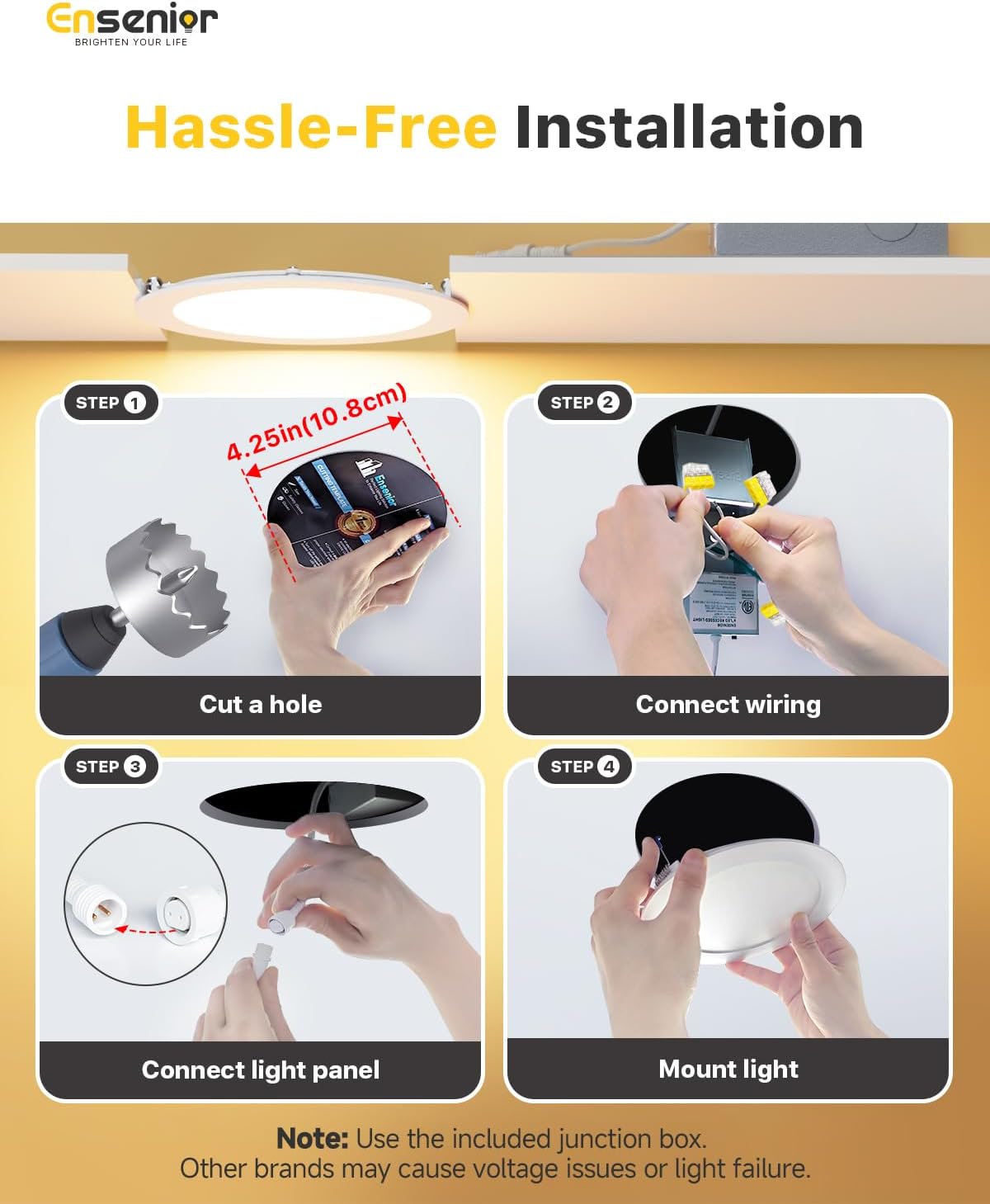 Detalle de Ensenior 12-Pack 4-Inch LED Recessed Lights (Dimmable, 5000K Daylight, 750LM, IC Rated) — ERL-9X-ETL