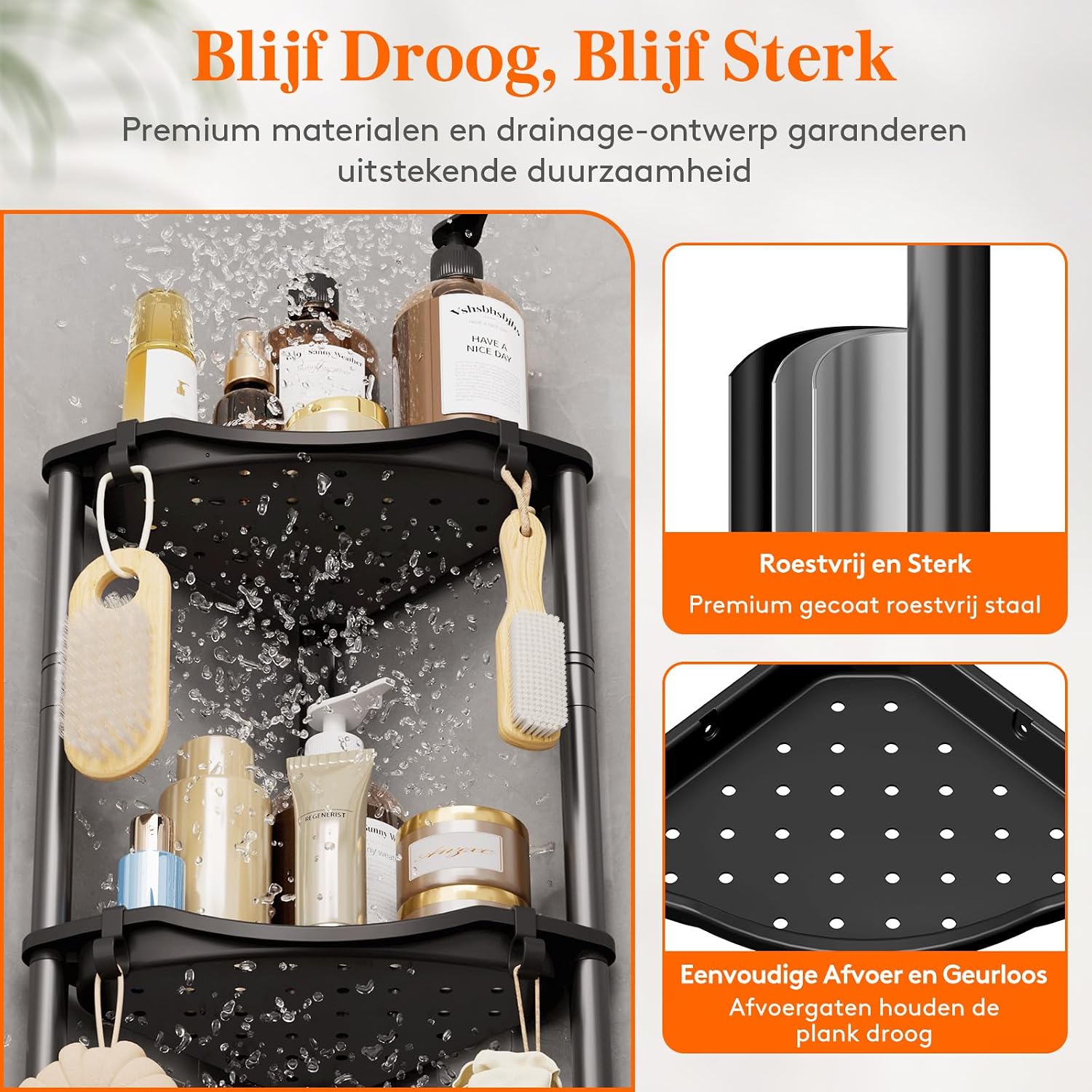 Detalle de Lifewit 24209 staand douchehoekrek met 4 planken en 4 haken, zwart