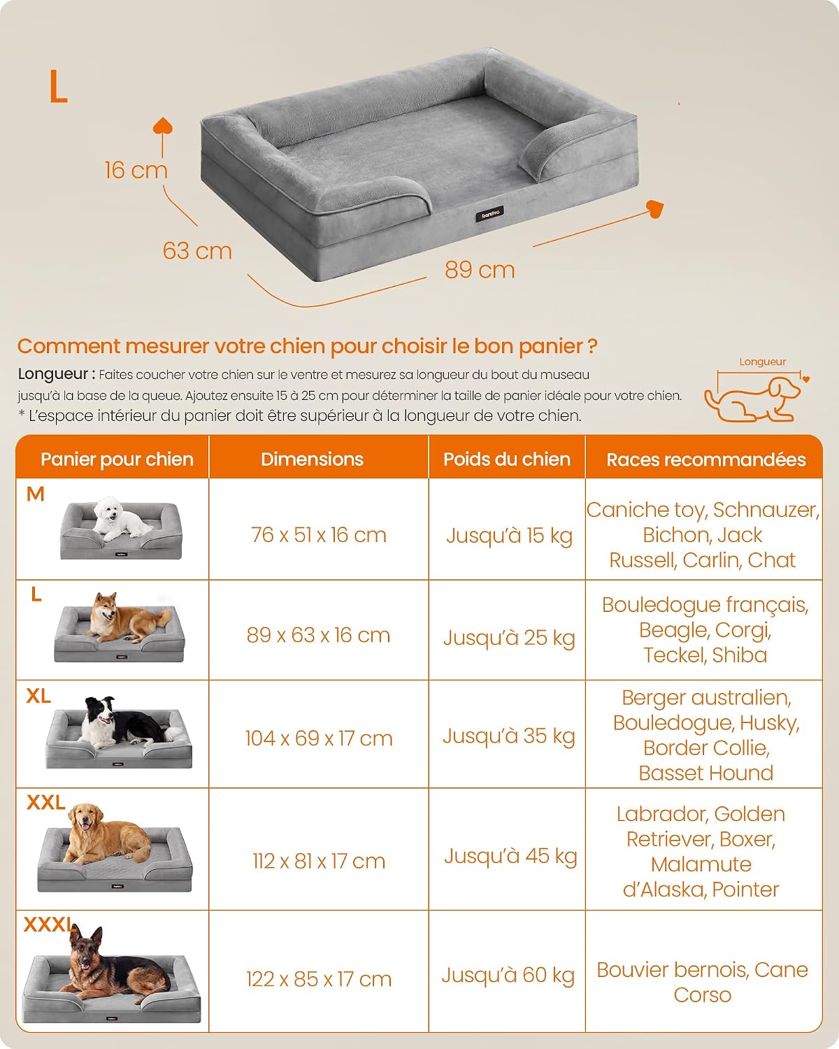 Detalle de Feandrea Panier Orthopédique pour Chien – Lit L 89 x 63 x 16 cm, Gris Tourterelle