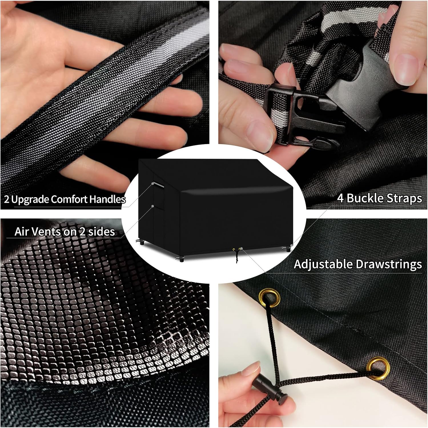 Detalle de PATIO PLUS 2 Seater Garden Bench Cover Waterproof with Air Vent (134x66x63/89cm) – Tear-Resistant 600D Oxford, Black