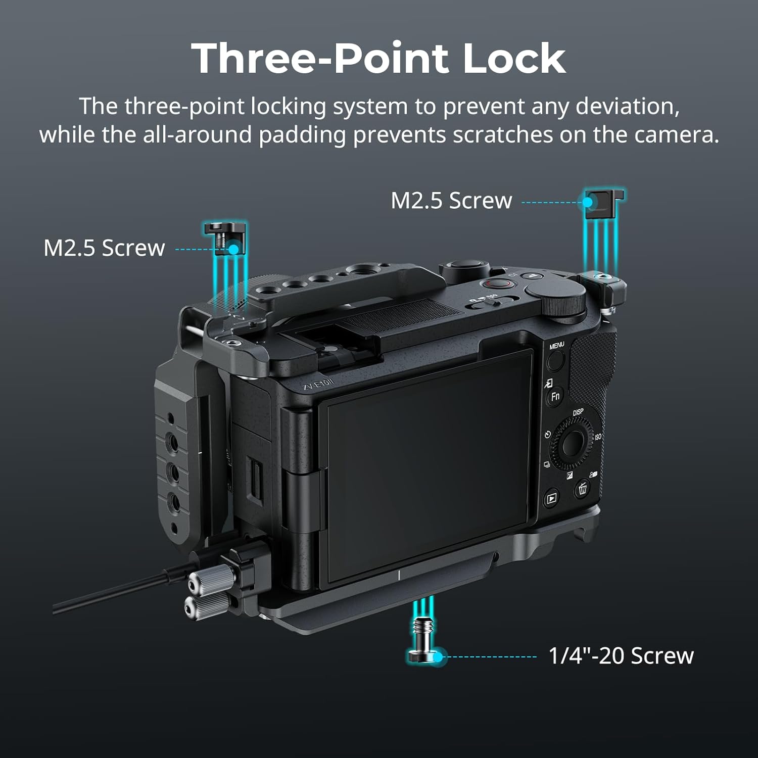Detalle 2 de SMALLRIG ZV-E10 II HawkLock Quick Release Cage Kit 4949 con impugnatura in silicone, piastra Arca e morsetto HDMI