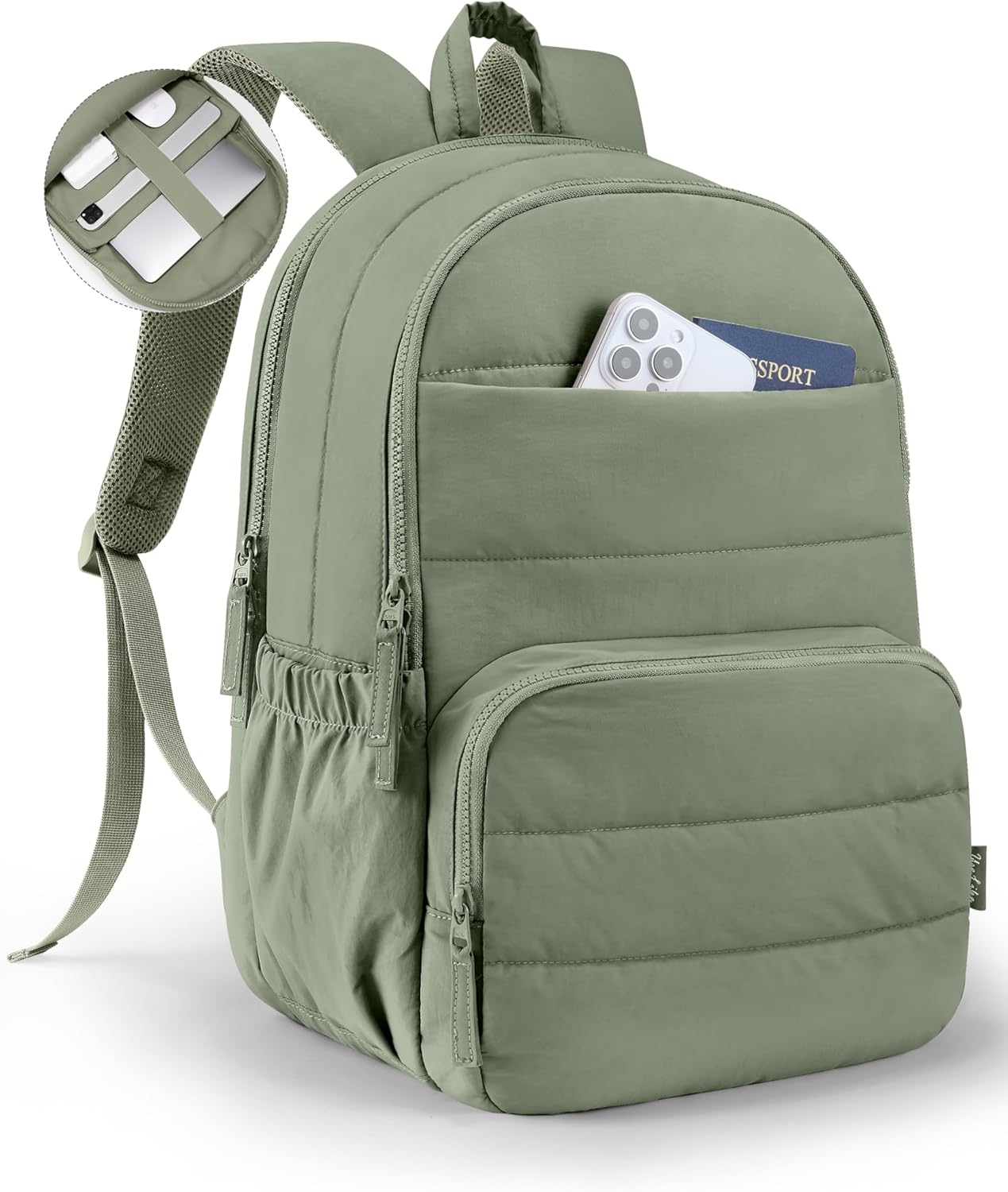 Detalle de Uselike Travel Backpack for Women: 15.6" Laptop, Quilted, Sage Green