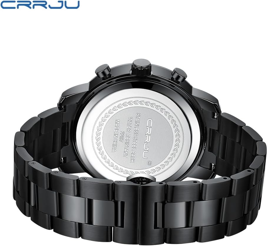 Detalle de CRRJU Herren Chronograph Schwarz Edelstahl – Quarz, Datum, Stoppuhr, 45 mm