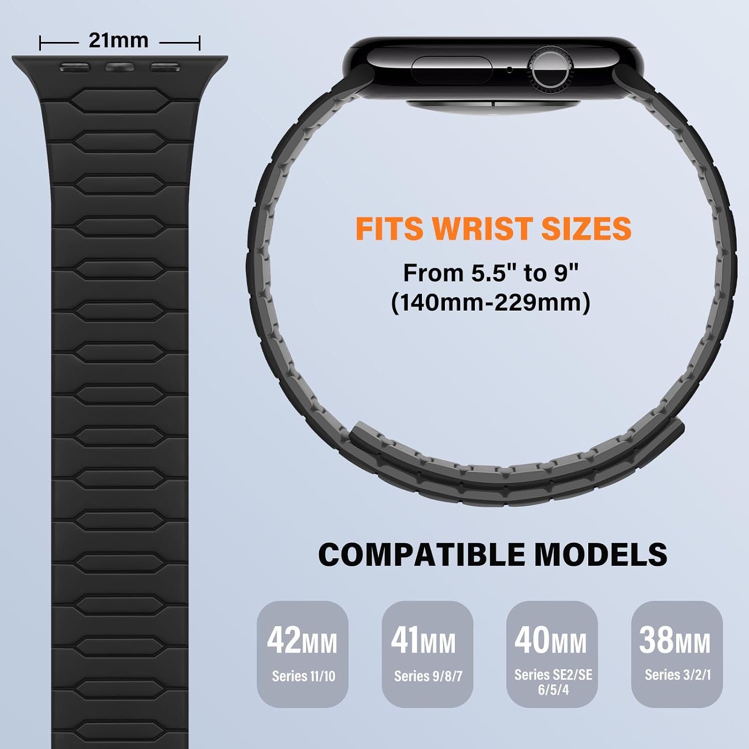 Detalle de Sixmoat Magnetic Band for Apple Watch (42mm/41mm/40mm/38mm) — Black-Gray silicone sport strap