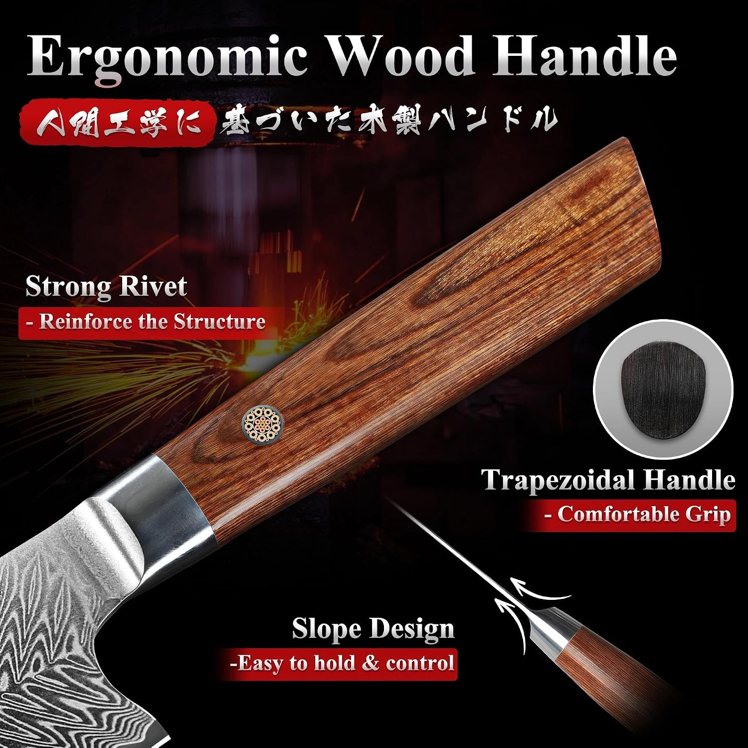 Detalle de Dragon Creek Chefmesser 22cm aus Damaststahl – scharf, langlebig und ergonomisch