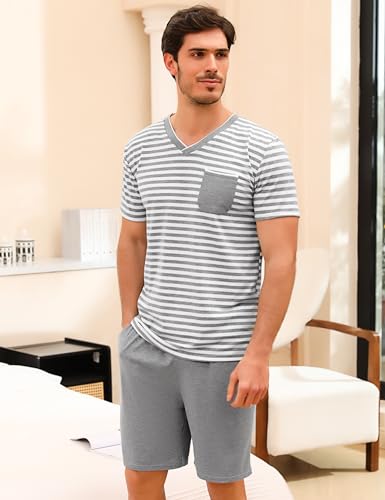 Detalle de Leversic Verano Conjunto de Pijama Hombre: algodón suave, rayas y bolsillos