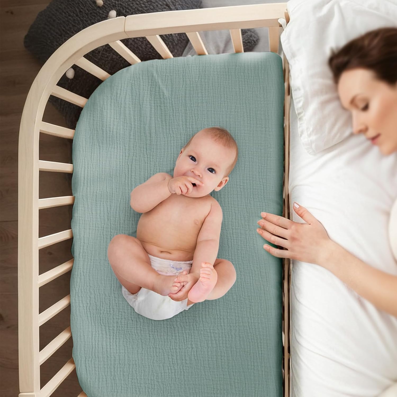 Thumbnail 6 de lulumoon Musselin-Baumwolle Spannbettlaken 2er-Set für Stubenwagen, Kinderwagen & Beistellbett (35x75, 41x81, 40x90 cm) – Grau Grün