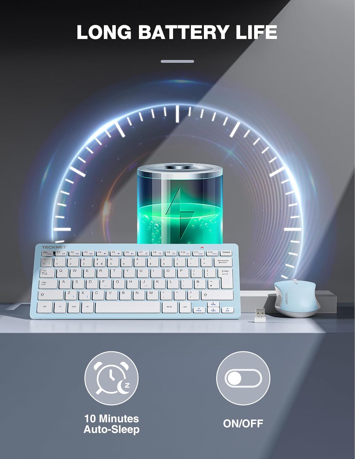 Thumbnail 5 de TECKNET Mini Wireless Keyboard and Mouse Set (2.4G) with Nano USB Receiver + Silent Mouse, Blue