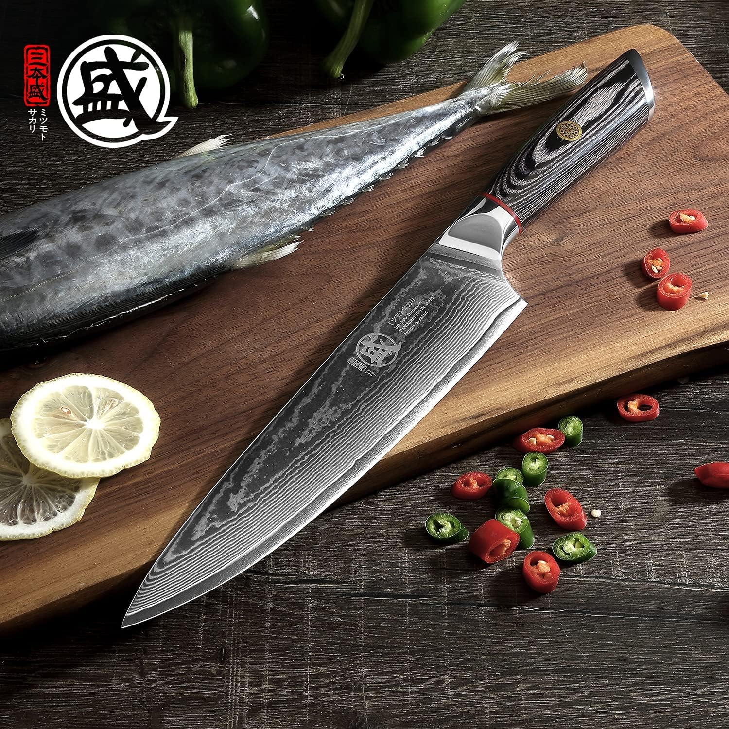Detalle 2 de MITSUMOTO SAKARI MS-050-FR/IT Gyuto-koksmes 20 cm in AUS-10-damaststaal