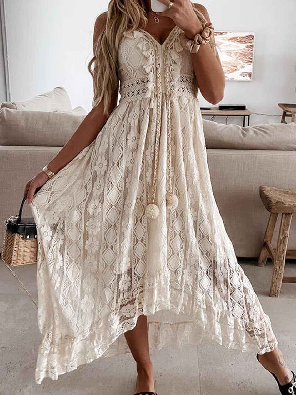 Detalle de Robe d'été bohème Maxi à lacets et pompons – CUPSHE
