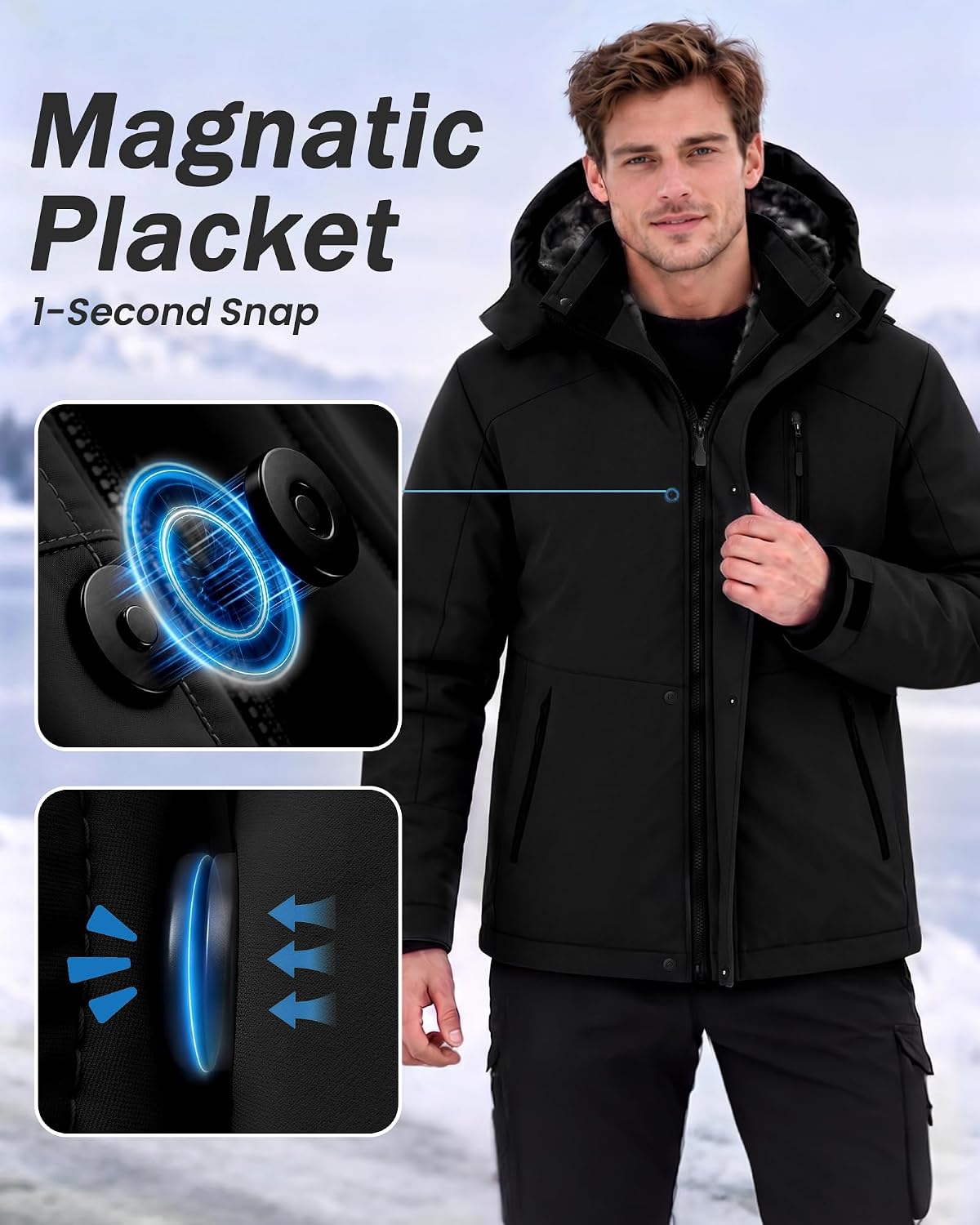 Detalle de Yufawow Men's Winter Jacket with Magnetic Placket, Fleece Lining and Detachable Hood