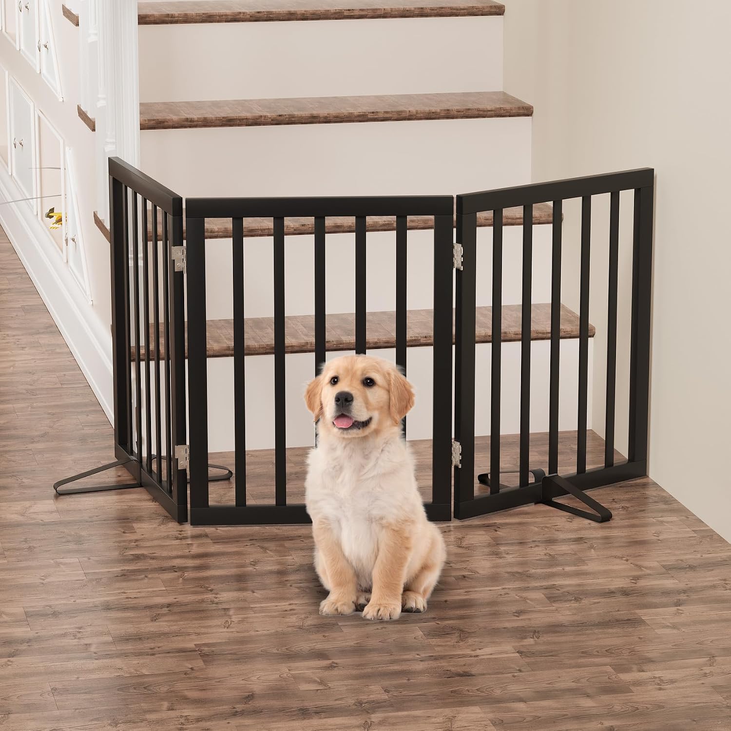 Detalle 1 de Algherohein Freestanding Foldable Dog Gate, 3-Panel Black Wood Divider