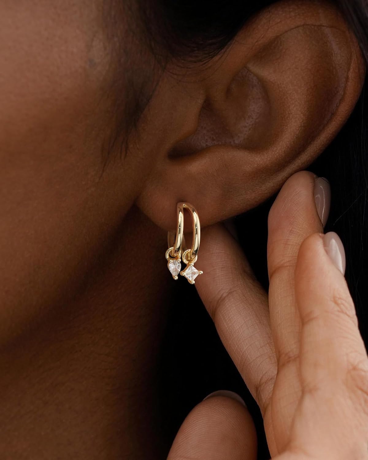 Detalle 2 de HANLI 14K Gold Plated Triple Huggie Hoops: Illusion Cubic Zirconia Studs for Single-Pierced Ears
