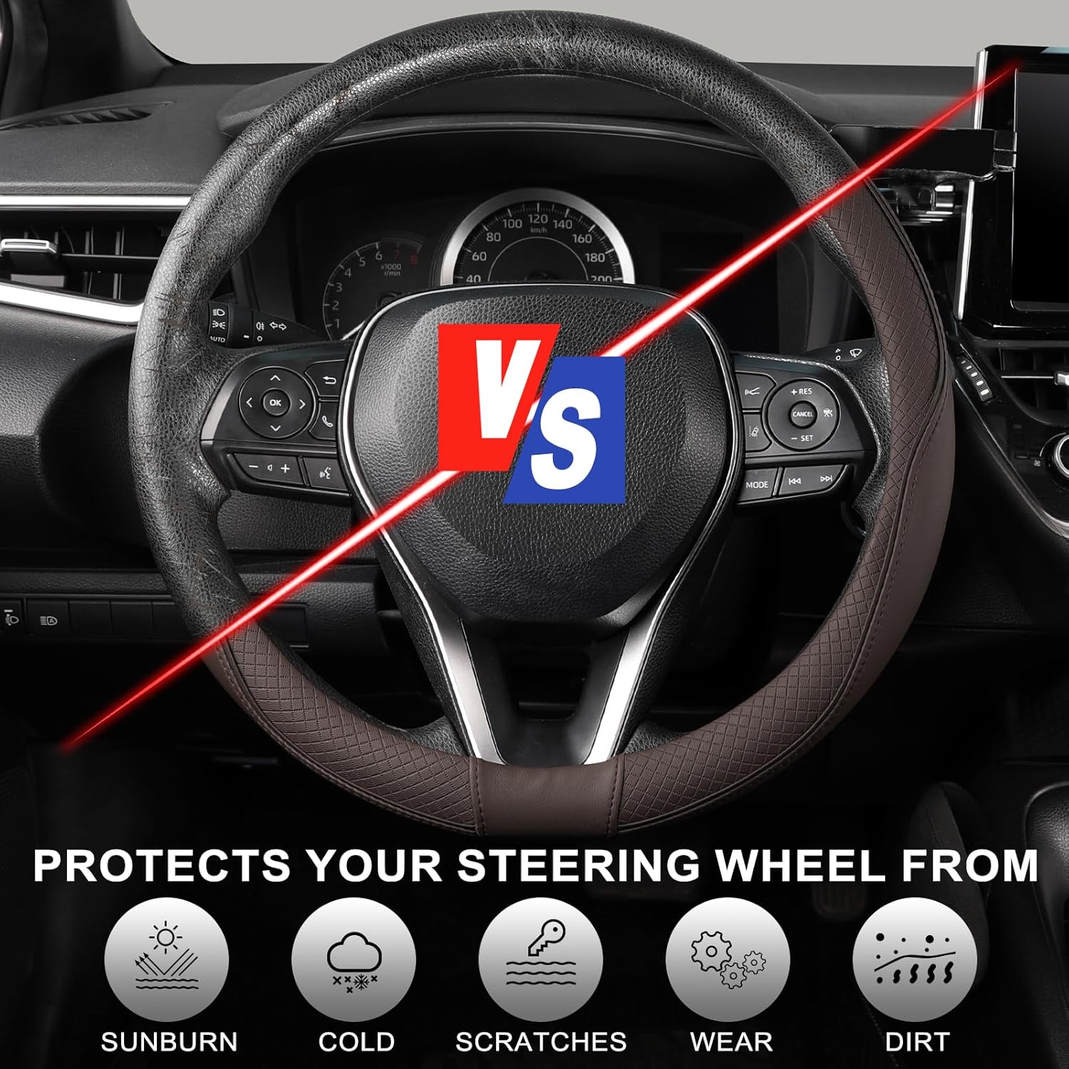 Thumbnail 3 de SEG Direct Steering Wheel Cover (37–39cm) Medium Size in Microfibre Leather, Non-Slip Coffee Brown