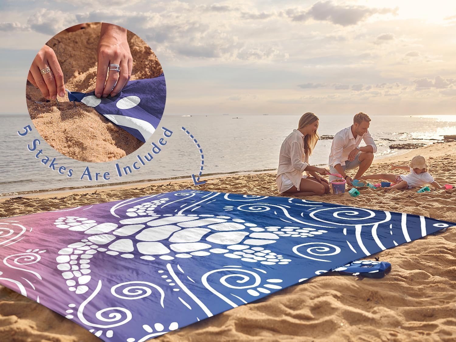 Detalle de WEKAPO Beach Blanket Waterproof Sandproof Oversized 11 x 9 ft with Stakes — Deep Blue Sea Turtle
