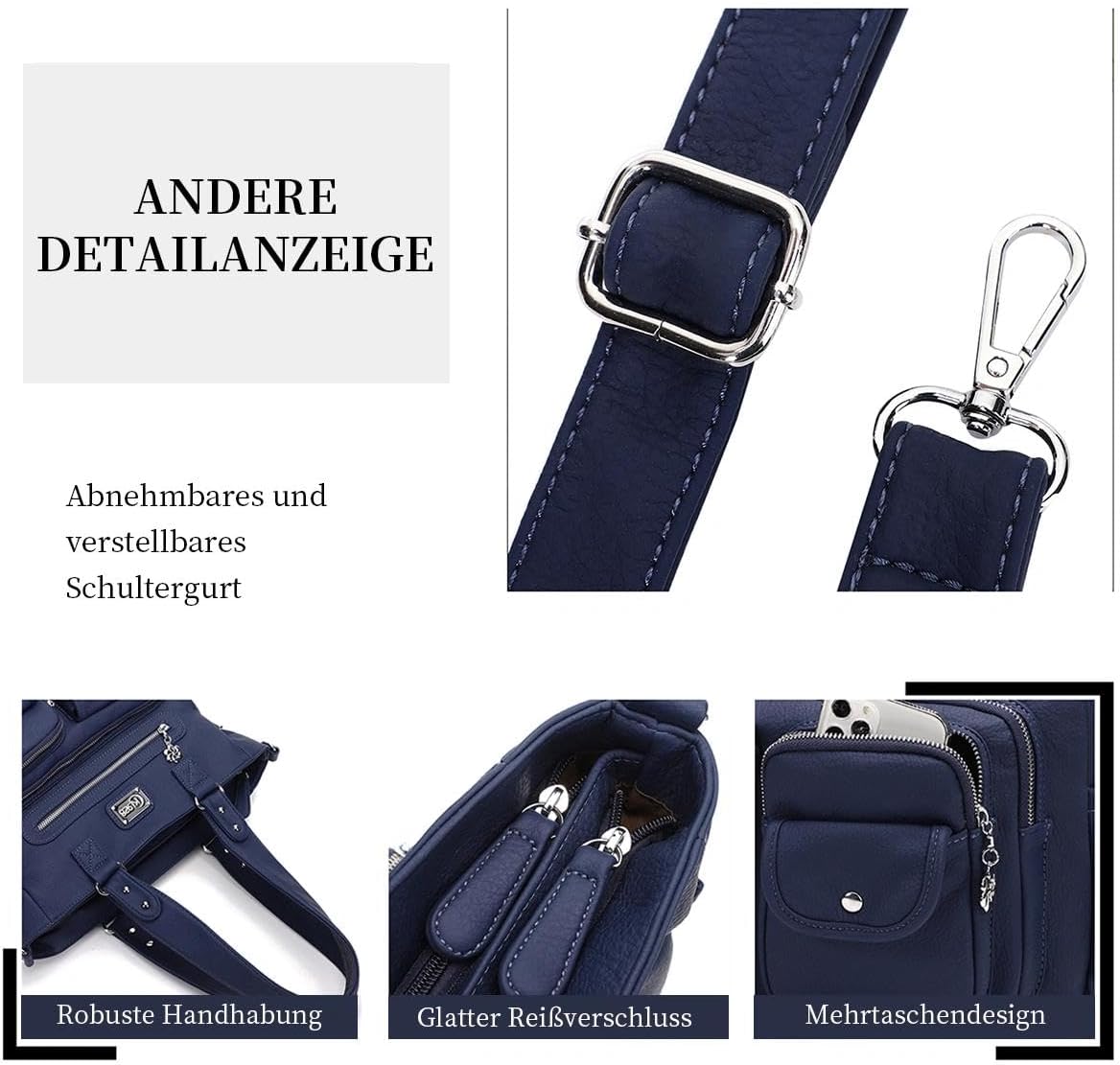 Detalle 2 de KL928 Handtasche Damen Umhängetasche Schultertasche mit vielen Fächern – Kaffee