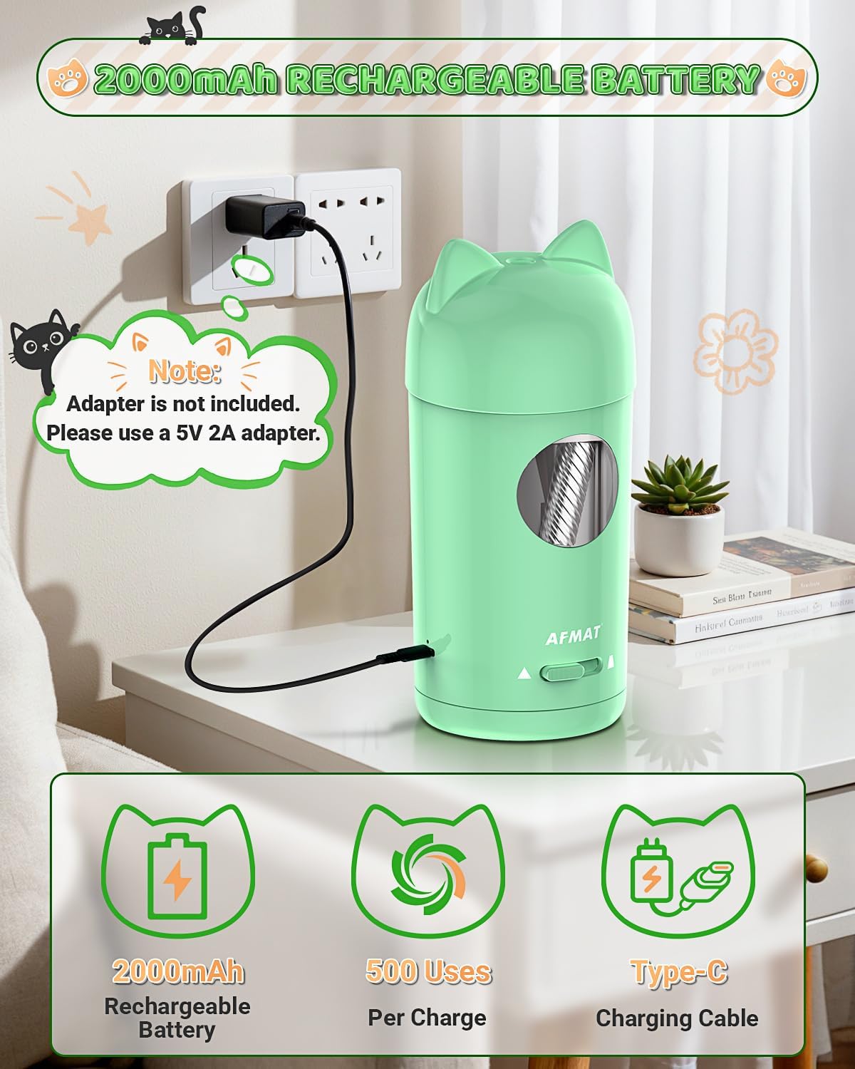 Thumbnail 5 de AFMAT Fully Automatic Electric Pencil Sharpener with Cat-Ear Design (Green PSX9) for 7–8mm Pencils