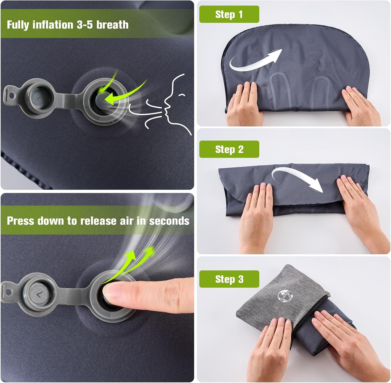 Thumbnail 4 de JetsCush Camping-Kissen aufblasbar ultraleicht (grau) – ergonomisches Reisekissen für Outdoor, Strand & unterwegs