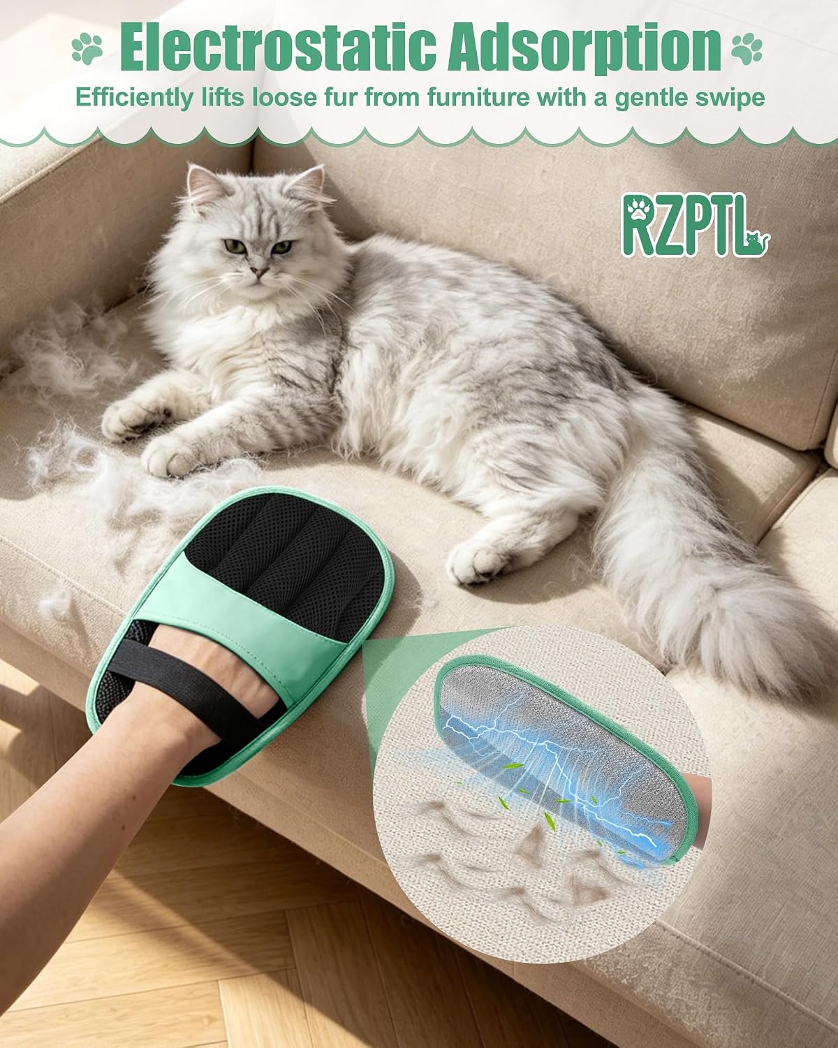 Detalle 2 de RZPTL Pet Hair Removal Glove (2 Pack) – One Left, One Right Five-Finger Electrostatic Grooming Mitt